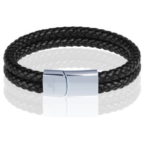 Memphis dubbele leren armband Zwart Zilver-19cm