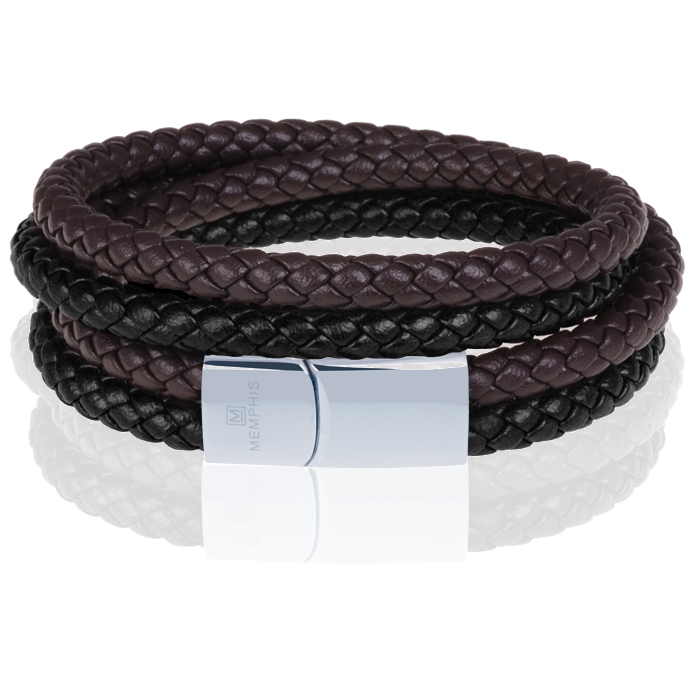 Memphis dubbele wrap armband Duo Leer Bruin Zwart Zilver-23cm