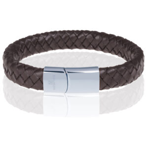 Memphis gevlochten leren armband Bruin Zilver-21cm