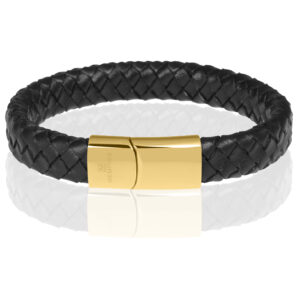 Memphis gevlochten leren armband Zwart Goud-22cm