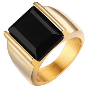 Mendes edelstaal zegelring Goudkleurig met Zwarte Agaat steen-21mm