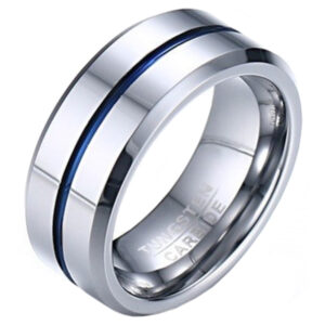Wolfraam heren ring zilverkleurig met blauwe streep-21mm